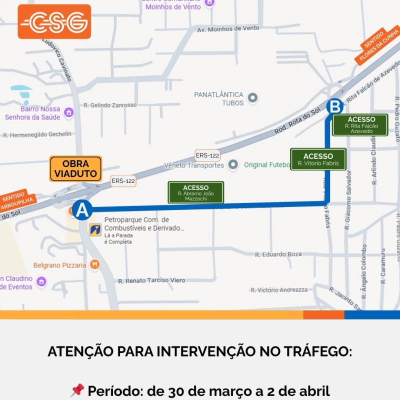 Bloqueio total do fluxo na passagem inferior do km 78 da ERS-122, no viaduto Nossa Senhora da Saúde, em Caxias do Sul